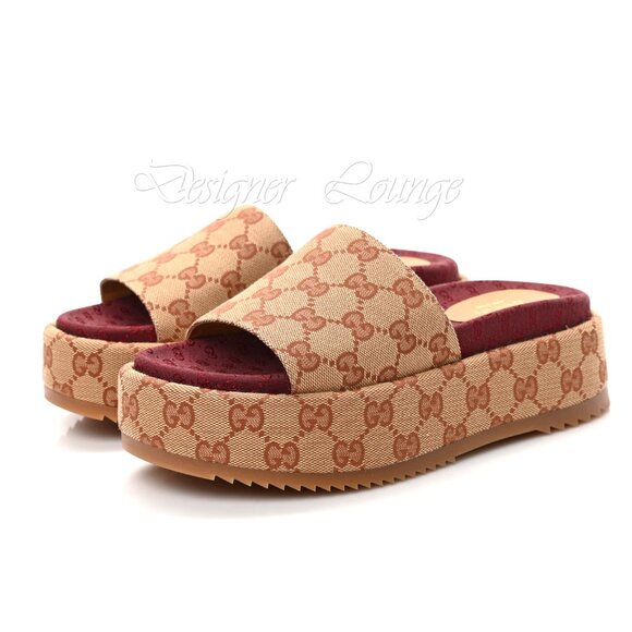 NEW GUCCI Angelina GG Beige Monogram Platform Slide Sandals Size EU 37 US 7 - Picture 10 of 15